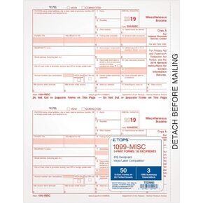 TOPS 1099 MISC Forms 2019, 5 Part Tax Forms, 50 Recipients Laser/Inkjet Forms, 3 1096 Summary Forms (TXA22993), White (TX22993)