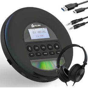 KLIM Nomad with Headset - New Version - Portable CD Player Walkman with Long-Lasting Battery - Radio FM - Compatible MP3 CD Player Portable - TF Card Radio FM AM Bluetooth - Ideal for Cars - Black