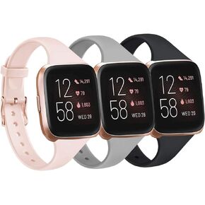 Tobfit Pack 3 Slim Bands Compatible with Fitbit Versa 2 Bands/ Versa/ Versa Lite/SE, Silicone Replacement Smartwatch Wristband for Women Men, Small, Black/Gray/Pink Sand