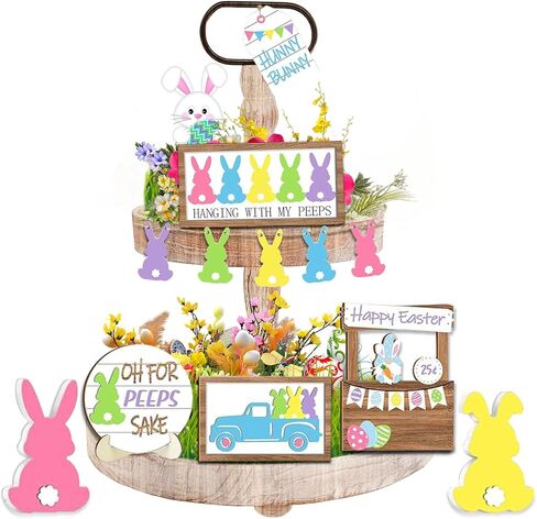12Pcs Easter Tiered Tray Decor: Spring Table Wooden Sign Decorations Happy Easter Gnome Bunny Eggs Set for Holiday Kitchen Home Farmhouse Rustic Party Tabletop in Saudi Arabia