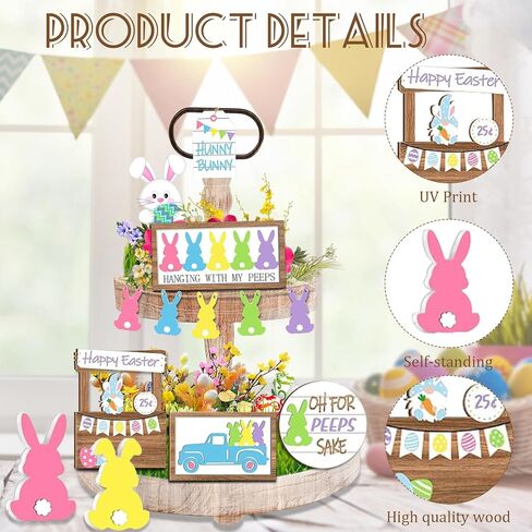12Pcs Easter Tiered Tray Decor: Spring Table Wooden Sign Decorations Happy Easter Gnome Bunny Eggs Set for Holiday Kitchen Home Farmhouse Rustic Party Tabletop in Saudi Arabia