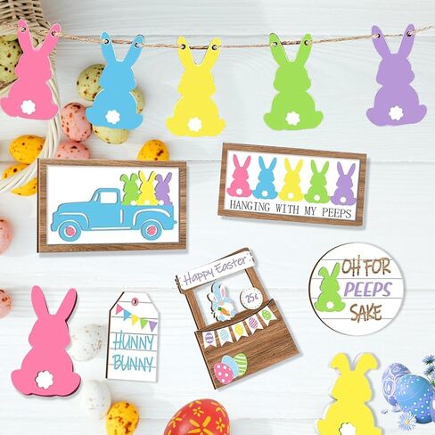 12Pcs Easter Tiered Tray Decor: Spring Table Wooden Sign Decorations Happy Easter Gnome Bunny Eggs Set for Holiday Kitchen Home Farmhouse Rustic Party Tabletop in Saudi Arabia