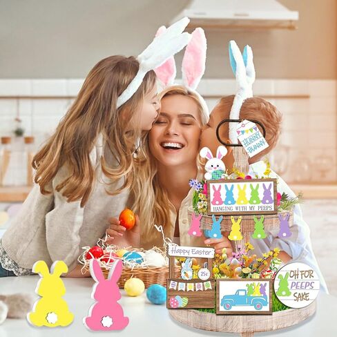 12Pcs Easter Tiered Tray Decor: Spring Table Wooden Sign Decorations Happy Easter Gnome Bunny Eggs Set for Holiday Kitchen Home Farmhouse Rustic Party Tabletop in Saudi Arabia