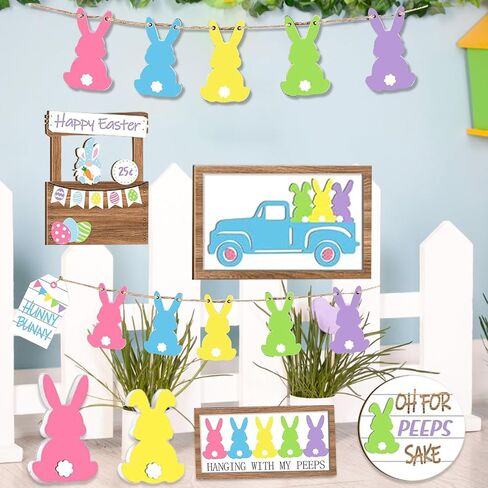 12Pcs Easter Tiered Tray Decor: Spring Table Wooden Sign Decorations Happy Easter Gnome Bunny Eggs Set for Holiday Kitchen Home Farmhouse Rustic Party Tabletop in Saudi Arabia