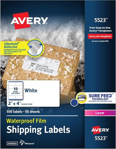 ملصقات شحن قابلة للطباعة مقاومة للماء من Avery مع تغذية مؤكدة، 2 بوصة × 4 بوصة، أبيض، 100 ملصق بريدي فارغ (15513) in Kuwait