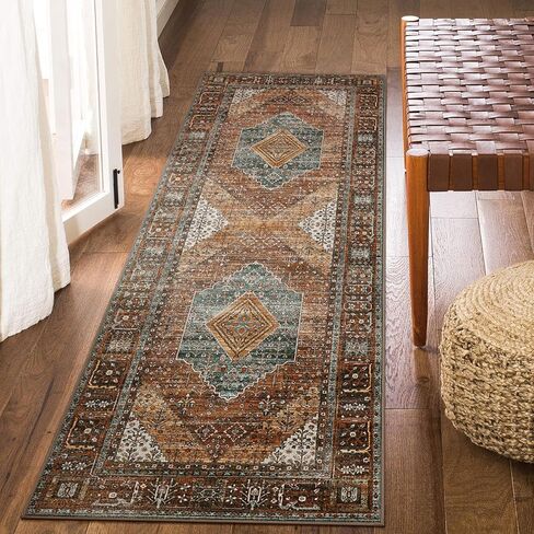 GENIMO 5x7 Area Rugs for Living Room, Machine Washable Non Slip Vintage Rugs, Low Pile Lightweight Chenille Print Rug for Bedroom, Dining Room, Home Office, Distressed Floral Taupe in Kuwait
