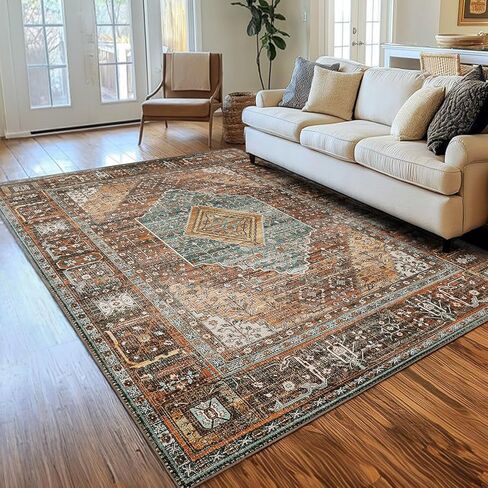 GENIMO 5x7 Area Rugs for Living Room, Machine Washable Non Slip Vintage Rugs, Low Pile Lightweight Chenille Print Rug for Bedroom, Dining Room, Home Office, Distressed Floral Taupe in Kuwait