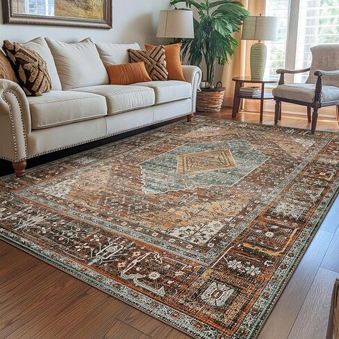 GENIMO 5x7 Area Rugs for Living Room, Machine Washable Non Slip Vintage Rugs, Low Pile Lightweight Chenille Print Rug for Bedroom, Dining Room, Home Office, Distressed Floral Taupe in Kuwait