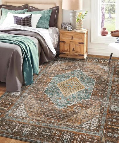GENIMO 5x7 Area Rugs for Living Room, Machine Washable Non Slip Vintage Rugs, Low Pile Lightweight Chenille Print Rug for Bedroom, Dining Room, Home Office, Distressed Floral Taupe in Kuwait