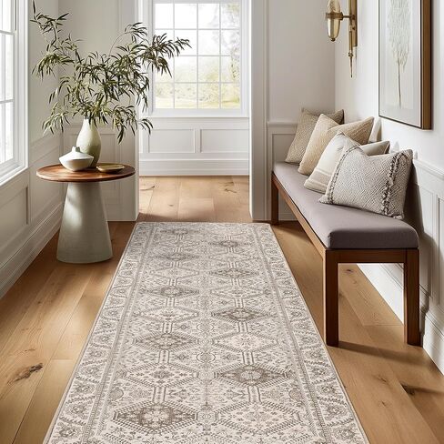 GENIMO 5x7 Area Rugs for Living Room, Machine Washable Non Slip Vintage Rugs, Low Pile Lightweight Chenille Print Rug for Bedroom, Dining Room, Home Office, Distressed Floral Taupe in Kuwait