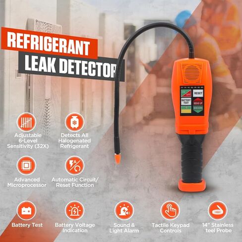 كاشف تسرب المبردات HVAC يكشف جميع كاشف تسرب الغاز المبردات الهالوجين مع 6 حساسية قابلة للتعديل كاشف تسرب الفريون طقم كاشف تسرب التيار المتردد لـ R134a، R404a، R410A، مركبات الكربون الكلورية فلورية، مركبات الكربون الهيدروكلورية فلورية، مركبات الكربون الهيد in Kuwait