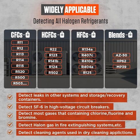 كاشف تسرب المبردات HVAC يكشف جميع كاشف تسرب الغاز المبردات الهالوجين مع 6 حساسية قابلة للتعديل كاشف تسرب الفريون طقم كاشف تسرب التيار المتردد لـ R134a، R404a، R410A، مركبات الكربون الكلورية فلورية، مركبات الكربون الهيدروكلورية فلورية، مركبات الكربون الهيد in Kuwait