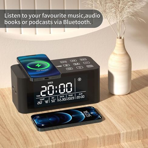 Bluetooth Speaker with Digital Alarm Clock, Wireless Charger, FM Clock Radio,Super Loudspeaker,Dimmable LED Display for Bedroom,Home, Adaptor in Saudi Arabia