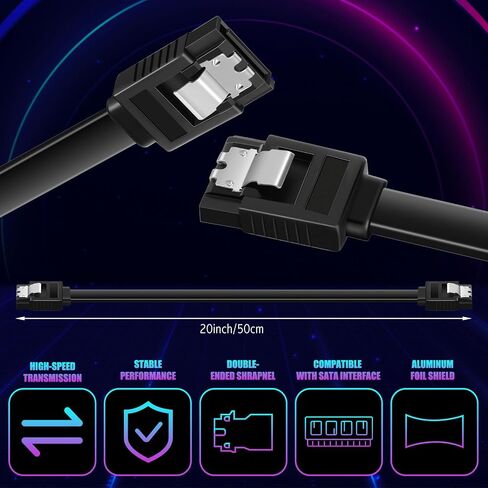 50 قطعة كابل SATA III 6 جيجابت في الثانية كابل بيانات SATA مستقيم مع مزلاج قفل 20 بوصة كابل SATA III متوافق مع محركات أقراص SSD، HDD، CD وDVD، ناسخات الأقراص المضغوطة، أسود in Saudi Arabia
