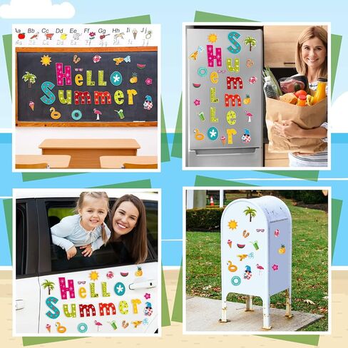 26 Pieces Summer Garage Door Decorations Magnets Hello Summer Garage Magnetic Stickers Sun Watermelon Refrigerator Car Decals Summer Season Decor Holiday Magnets for Summer Car Garage Decor in Saudi Arabia