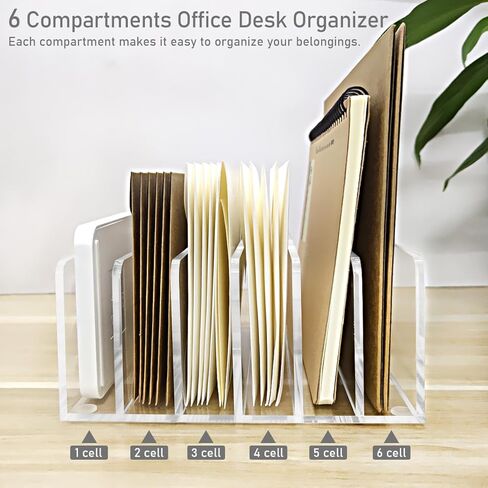 منظم ملفات مكتب من الأكريليك الشفاف، حامل منظم مكتب مكون من 6 أقسام، فارز مستندات متعدد الوظائف للبريد والرسائل وتخزين المجلدات وتنظيم مكتب المنزل أو المدرسة in Kuwait