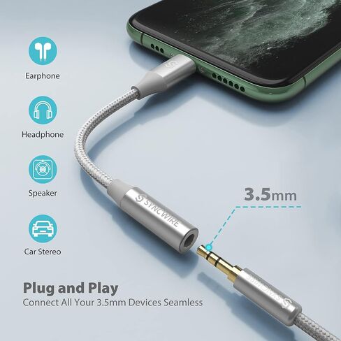 Syncwire [معتمد من Apple MFI] محول سماعة رأس iPhone، محول مقبس iPhone Aux، دونجل Lightning إلى 3.5 مم لهاتف iPhone 14/13/12/11 Pro Max/Pro/Plus/Mini/XR/XS/8/7 Plus-فضي 10 سم in Kuwait