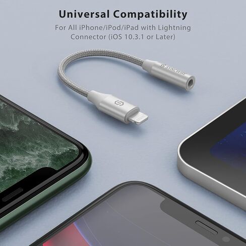 Syncwire [معتمد من Apple MFI] محول سماعة رأس iPhone، محول مقبس iPhone Aux، دونجل Lightning إلى 3.5 مم لهاتف iPhone 14/13/12/11 Pro Max/Pro/Plus/Mini/XR/XS/8/7 Plus-فضي 10 سم in Kuwait