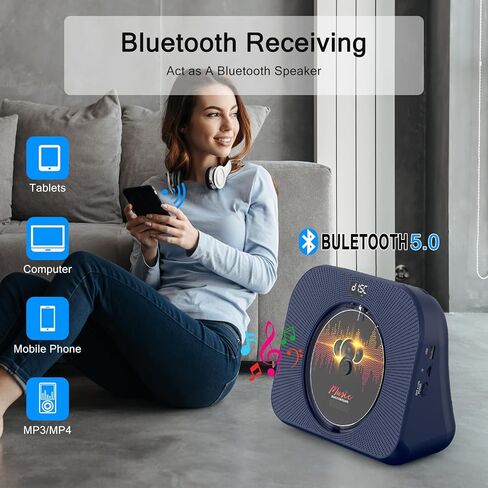 CD Player with Bluetooth，Double HiFi Sound Speakers，Sleep Mode,Desktop CD Music Players,Support AUX/USB/Headphone Jack/Music Fiber Optics/FM Radio Boombox for Home,Office(Blue) in Kuwait