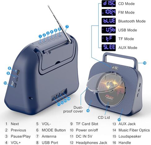 CD Player with Bluetooth，Double HiFi Sound Speakers，Sleep Mode,Desktop CD Music Players,Support AUX/USB/Headphone Jack/Music Fiber Optics/FM Radio Boombox for Home,Office(Blue) in Kuwait