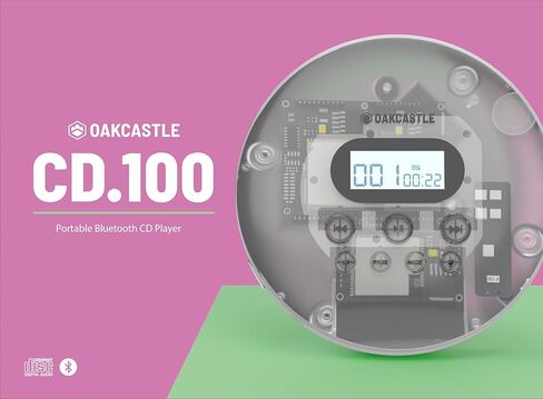 مشغل أقراص مضغوطة Oakcastle محمول، مشغل أقراص مضغوطة محمول قابل لإعادة الشحن مع بلوتوث 5.3، وقت تشغيل 12 ساعة، مشغلات أقراص مضغوطة صغيرة للسيارة (AUX فقط) مشغل أقراص مضغوطة محمول CD100 مع سماعات رأس، CD Walkman، Discman (شفاف) in Kuwait