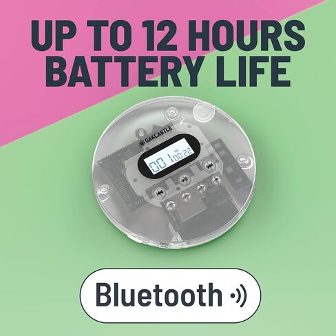 مشغل أقراص مضغوطة Oakcastle محمول، مشغل أقراص مضغوطة محمول قابل لإعادة الشحن مع بلوتوث 5.3، وقت تشغيل 12 ساعة، مشغلات أقراص مضغوطة صغيرة للسيارة (AUX فقط) مشغل أقراص مضغوطة محمول CD100 مع سماعات رأس، CD Walkman، Discman (شفاف) in Kuwait