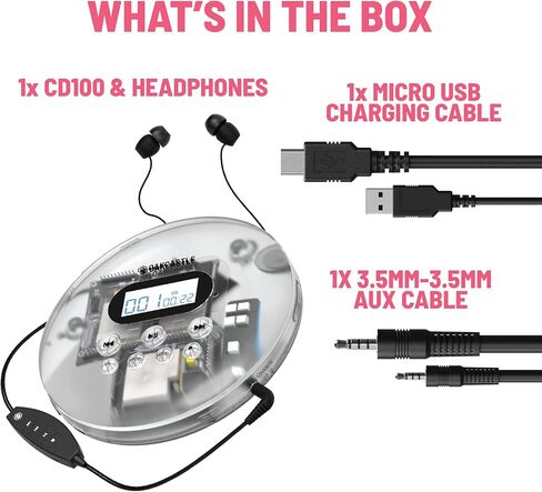 مشغل أقراص مضغوطة Oakcastle محمول، مشغل أقراص مضغوطة محمول قابل لإعادة الشحن مع بلوتوث 5.3، وقت تشغيل 12 ساعة، مشغلات أقراص مضغوطة صغيرة للسيارة (AUX فقط) مشغل أقراص مضغوطة محمول CD100 مع سماعات رأس، CD Walkman، Discman (شفاف) in Kuwait