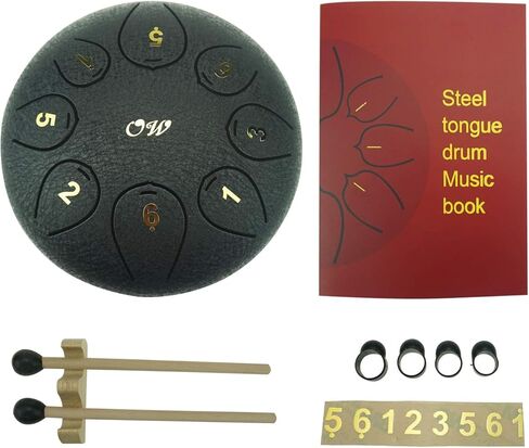 طبلة لسان فولاذية كبيرة مقاس 6 بوصات، طبلة خزان سوداء 8 ملاحظات مع زوجين من المطارق، صوت جميل وهادئ، مثالية للتأمل والشفاء، سهلة التعلم واللعب in Kuwait