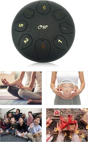 طبلة لسان فولاذية كبيرة مقاس 6 بوصات، طبلة خزان سوداء 8 ملاحظات مع زوجين من المطارق، صوت جميل وهادئ، مثالية للتأمل والشفاء، سهلة التعلم واللعب in Kuwait