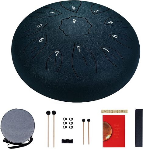 Ranch Steel Tongue Drum 12 Inches 11 Notes Handpan Drum C Key Percussion Instrument Hand Drum for Beginners Easy to Learn Tank Drum with Bag, Mallets, Music Book, Note Stickers, Finger Picks - Black in Kuwait