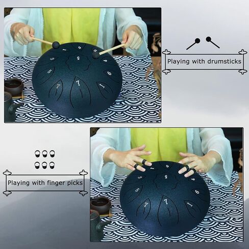 Ranch Steel Tongue Drum 12 Inches 11 Notes Handpan Drum C Key Percussion Instrument Hand Drum for Beginners Easy to Learn Tank Drum with Bag, Mallets, Music Book, Note Stickers, Finger Picks - Black in Kuwait