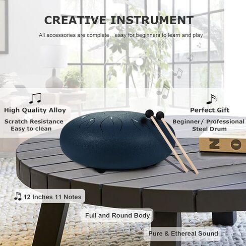 Ranch Steel Tongue Drum 12 Inches 11 Notes Handpan Drum C Key Percussion Instrument Hand Drum for Beginners Easy to Learn Tank Drum with Bag, Mallets, Music Book, Note Stickers, Finger Picks - Black in Kuwait