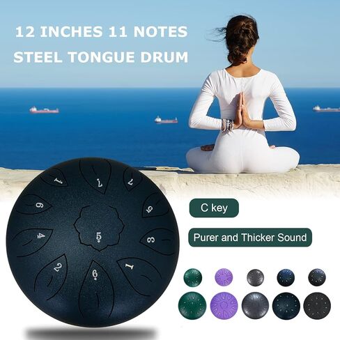 Ranch Steel Tongue Drum 12 Inches 11 Notes Handpan Drum C Key Percussion Instrument Hand Drum for Beginners Easy to Learn Tank Drum with Bag, Mallets, Music Book, Note Stickers, Finger Picks - Black in Kuwait