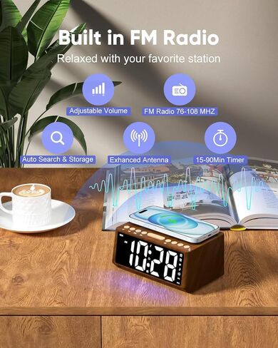 ساعة منبه ريترو مع راديو FM، مكبر صوت بلوتوث، محطة شحن لاسلكية لهاتف iPhone/Samsung Galaxy، 4 مستويات خافتة، منافذ USB، 10 أصوات طبيعية، مؤقت، ساعة منبه بجانب السرير لغرفة النوم، ديكور خشبي in Saudi Arabia