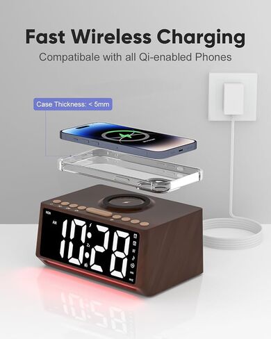 ساعة منبه ريترو مع راديو FM، مكبر صوت بلوتوث، محطة شحن لاسلكية لهاتف iPhone/Samsung Galaxy، 4 مستويات خافتة، منافذ USB، 10 أصوات طبيعية، مؤقت، ساعة منبه بجانب السرير لغرفة النوم، ديكور خشبي in Saudi Arabia