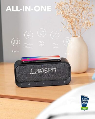 مكبر صوت بلوتوث، Soundcore Wakey مدعوم من Anker، ساعة منبه، صوت ستيريو، راديو FM، ضوضاء بيضاء، شاحن لاسلكي Qi مع شحن 7.5 واط لهاتف iPhone و10 واط لهاتف Samsung، أسود (متجدد) in Kuwait