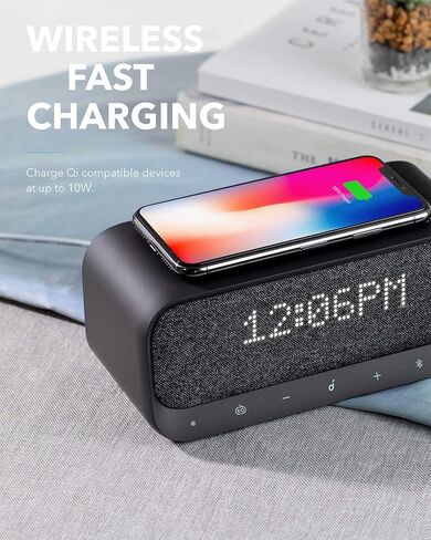 مكبر صوت بلوتوث، Soundcore Wakey مدعوم من Anker، ساعة منبه، صوت ستيريو، راديو FM، ضوضاء بيضاء، شاحن لاسلكي Qi مع شحن 7.5 واط لهاتف iPhone و10 واط لهاتف Samsung، أسود (متجدد) in Kuwait