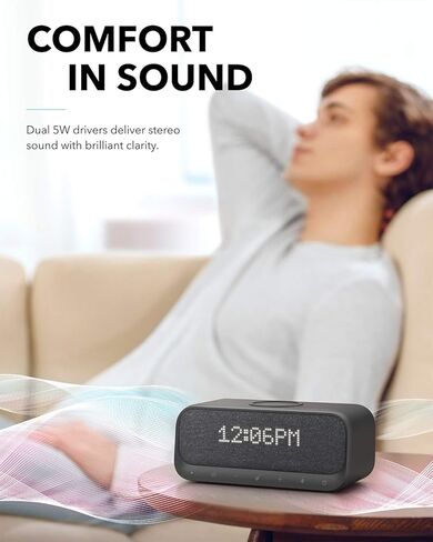 مكبر صوت بلوتوث، Soundcore Wakey مدعوم من Anker، ساعة منبه، صوت ستيريو، راديو FM، ضوضاء بيضاء، شاحن لاسلكي Qi مع شحن 7.5 واط لهاتف iPhone و10 واط لهاتف Samsung، أسود (متجدد) in Kuwait