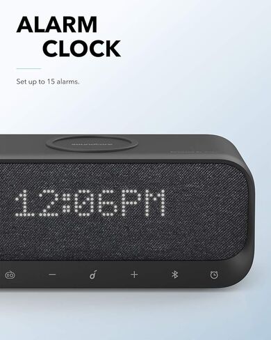 مكبر صوت بلوتوث، Soundcore Wakey مدعوم من Anker، ساعة منبه، صوت ستيريو، راديو FM، ضوضاء بيضاء، شاحن لاسلكي Qi مع شحن 7.5 واط لهاتف iPhone و10 واط لهاتف Samsung، أسود (متجدد) in Kuwait