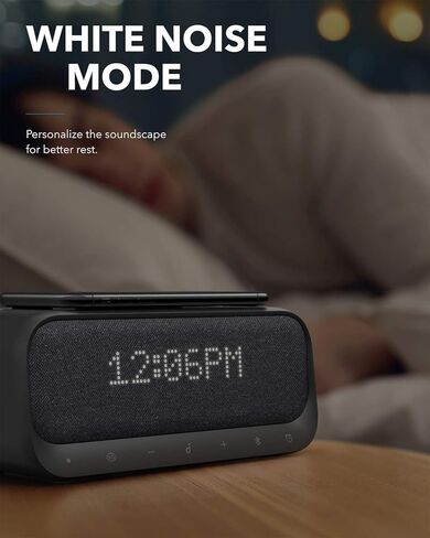 مكبر صوت بلوتوث، Soundcore Wakey مدعوم من Anker، ساعة منبه، صوت ستيريو، راديو FM، ضوضاء بيضاء، شاحن لاسلكي Qi مع شحن 7.5 واط لهاتف iPhone و10 واط لهاتف Samsung، أسود (متجدد) in Kuwait