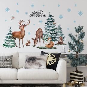 Mfault Winter Wonderland Woodland Animals Wall Decals Stickers, Forest Bear Wolf Fox Deer Decorations Bedroom Art, Christmas Pine Tree Pine Cone Red Berry Snowflake Home Kitchen Decor