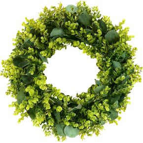 18" Wreaths for Front Door Artificial Green Boxwood with Eucalyptus Leaves for Indoor Outside Wall Window Porch Farmhouse Holiday Wedding Home Decor Spring Summer Wreath for All Seasons