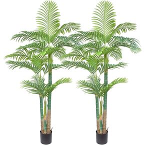 7FT Fake Palm Trees 2pcs, Artificial Golden Cane Palm Tree 84IN, Green Large Tropical Palm Fake Plant in Pot for Indoor Outdoor, Living Room Outside Patio Office Home Decor