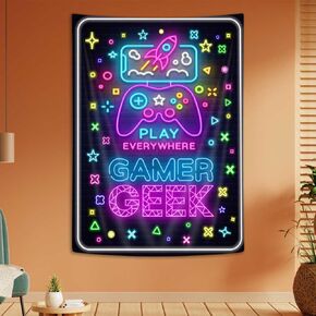 Blacklight Gaming Tapestry Modern UV Funny Cool trippy Game Neon Controller Black Art Themed Tapestry Wall Hanging Bedroom Living Room Gamer Room Abstract Poster Tapestries 60X40inch