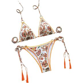 Women's Floral Printed Bathing Suit Halter Paisley Summer Swimsuit Bikinis Set Yellow L