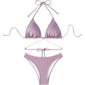 COZYEASE Women's 2 Piece Bikini Set Triangle Halter Tie Back Bathing Suit Set Shell Backless High Cut Swimsuit