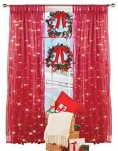 Collections Etc Light Up Magical Sheer Window Curtain Panel, White Lights All Over, Gorgeous Holiday and Winter Cheer, Red in Saudi Arabia