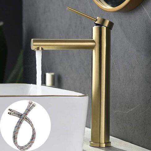 Friho Vessel Sink Faucet Gold, Modern Single Handle Bathroom Vessel Sink Faucet, Vessel Faucet with Ceramic Disc Cartridge, Tall Vessel Sink Faucet with Water Supply Line, 12'' Overall Height in Saudi Arabia