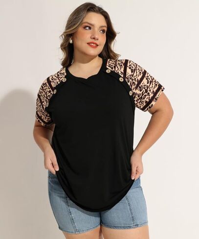 TIYOMI بلوزات حجم كبير للنساء الجولة الرقبة ساحة الرقبة تي شيرت الصيف عادية كم قصير تونك البلوزات XL-5XL in Kuwait