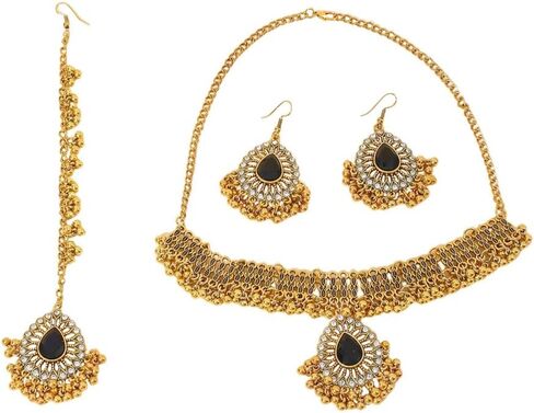 Ethnic Indian Jhumka Tassel Rhinestone Choker Necklace Earrings Maang Tikka 3 Pcs Set Oxidized Ancient Goldtone Bohemian Traditional Jhumki Pendant Crystal Retro Bollywood Statement Gypsy Wedding Bridal Jewelry for Women in Kuwait